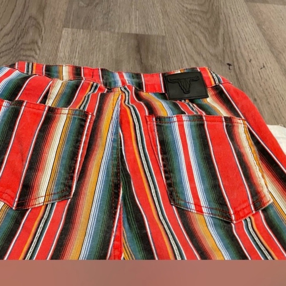 Retro Jeans LUCKY BLESSED HIGH RISE FLARE Serape Stripe Red Black Blue Size 10 - Picture 10 of 10